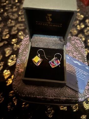 Iridescent Crystal Cube Hanging Earrings - Multicolor